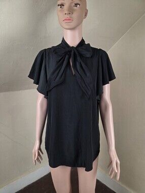 Mela Purdie Black Tie Neck Flutter Sleeve Blouse XS AU 8 US 4